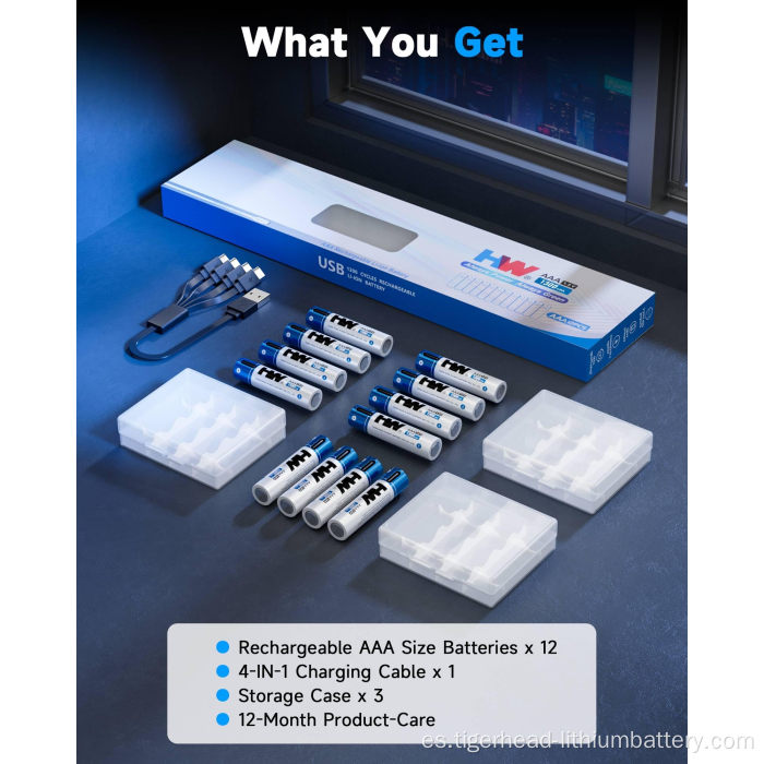 Batería de litio recargable USB-C de 12 piezas 1,5 V AAA 1300 mWh